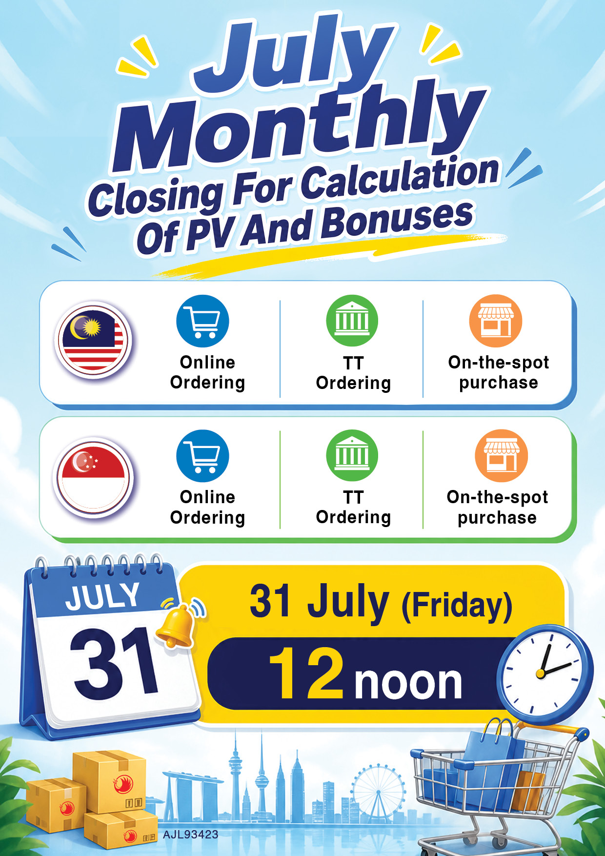 July Monthly Closing for calculation of PV and bonuses.